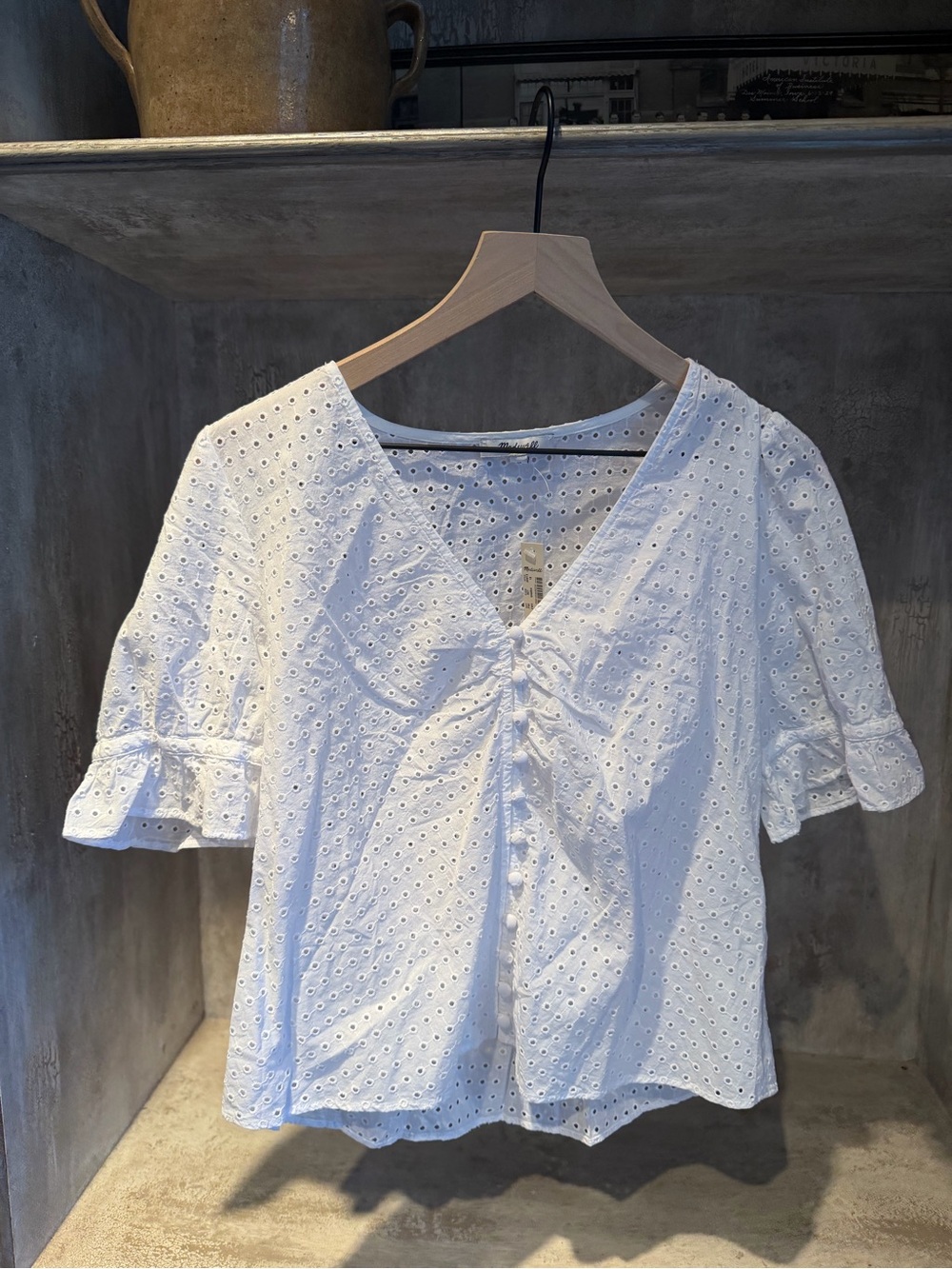 Madewell White Eyelet V-Neck Short Sleeve Top NWT